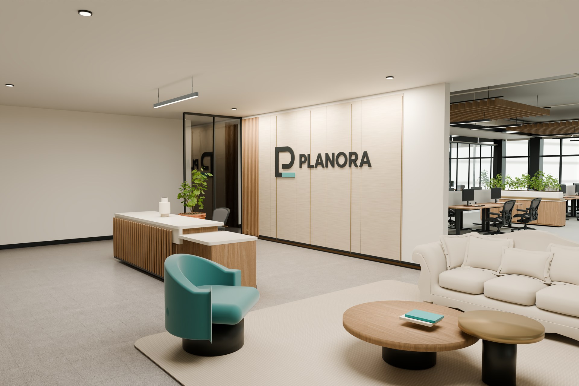 PLANORA office reception with oak finishes and turquoise accents