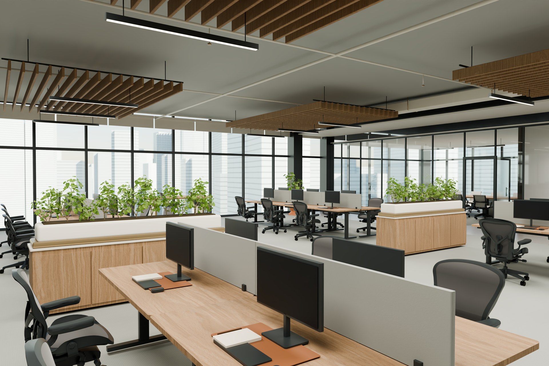 Twenty open workstations form the core of the office, with supporting rooms around the perimeter.